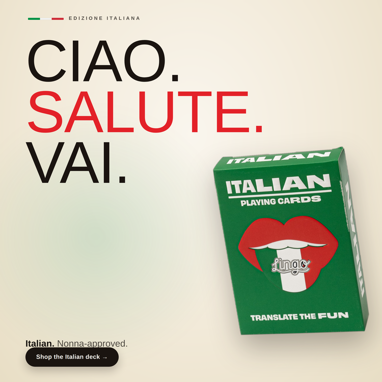 Italian Lingo Playing Cards – box beside bold headline text