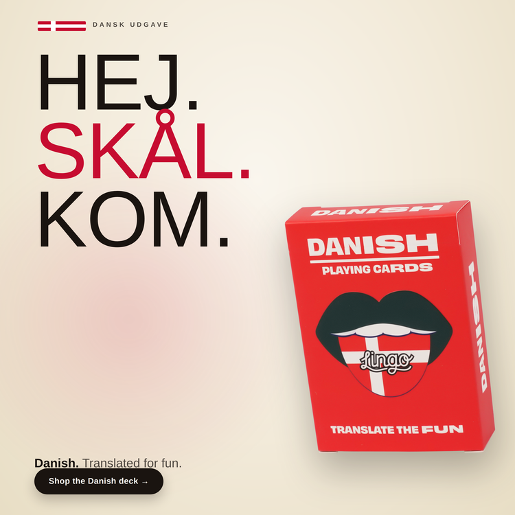 Danish Lingo Playing Cards – box beside bold headline text