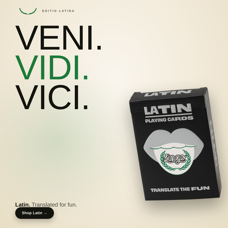 Latin Lingo Playing Cards – box beside bold headline text
