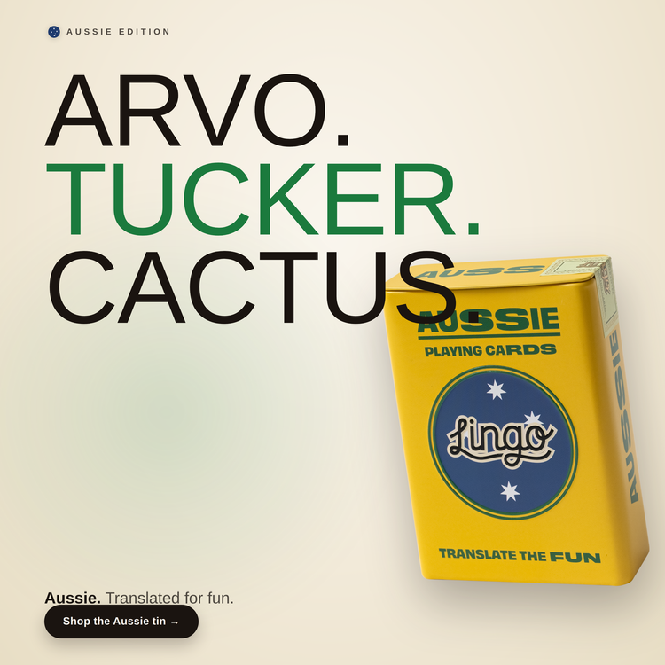 Aussie Travel Tin – box beside bold headline text