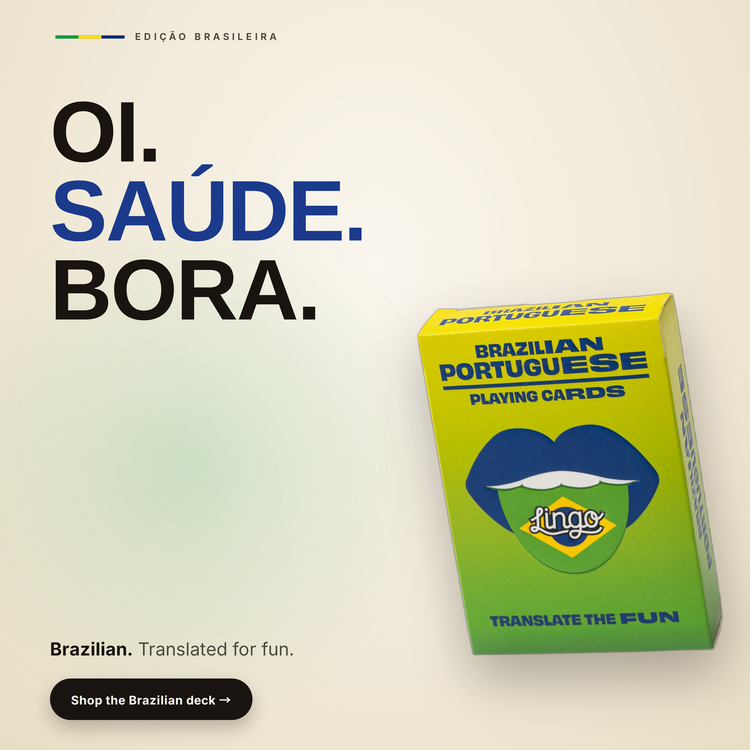 Brazilian Lingo Playing Cards – box beside bold headline text