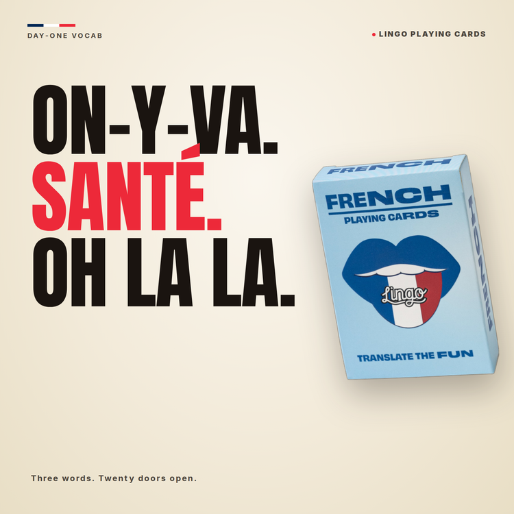 French Lingo Playing Cards – box beside bold headline text