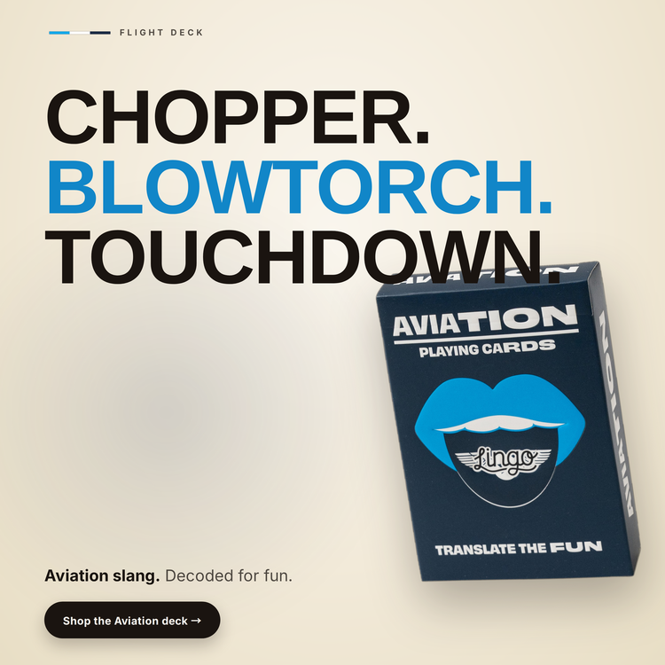 Aviation Lingo Playing Cards – box beside bold headline text