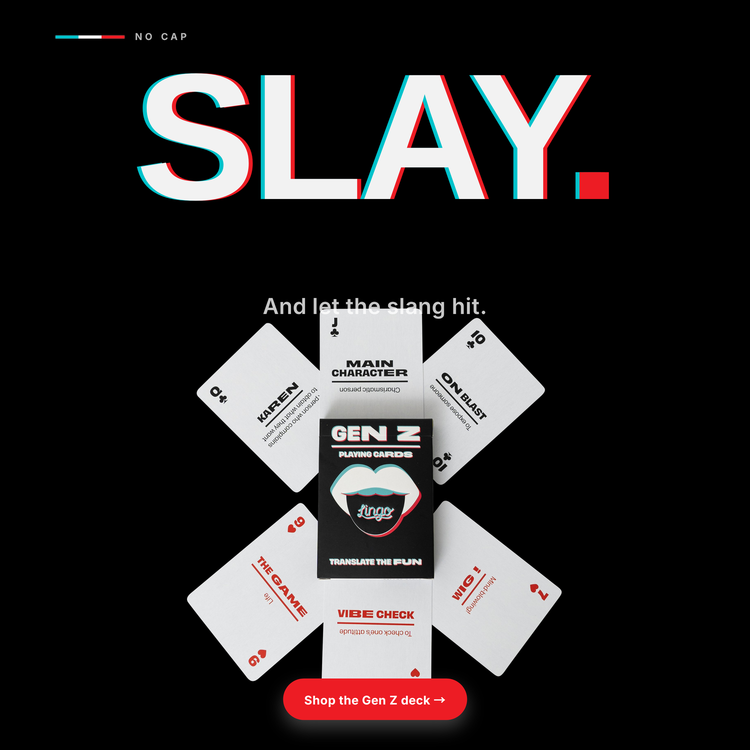 Gen Z Lingo Playing Cards – box with two example cards