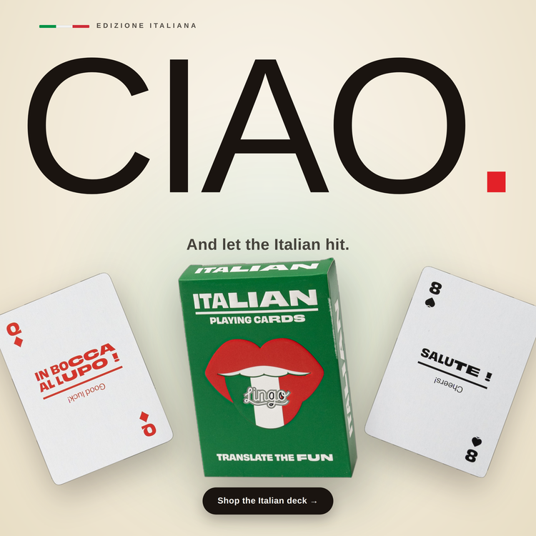 Italian Lingo Playing Cards – box with two example cards
