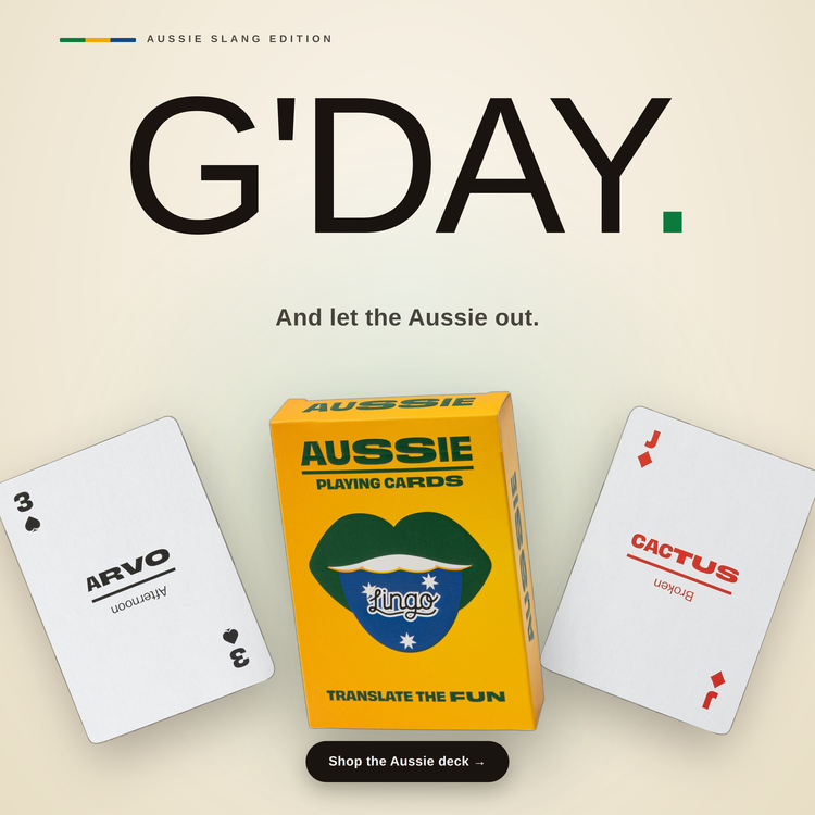 Aussie Lingo Playing Cards – box with two example cards