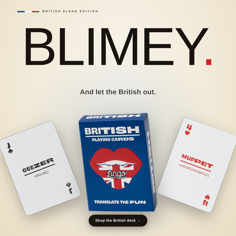 British Lingo Playing Cards – box with two example cards