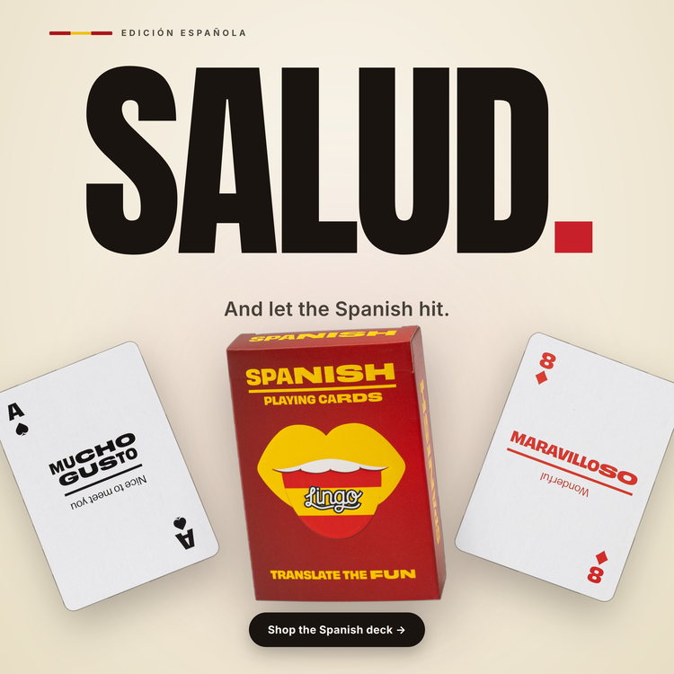 Spanish Lingo Playing Cards – box with two example cards
