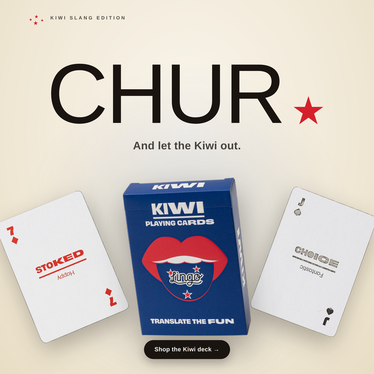 Kiwi Lingo Playing Cards – box with two example cards