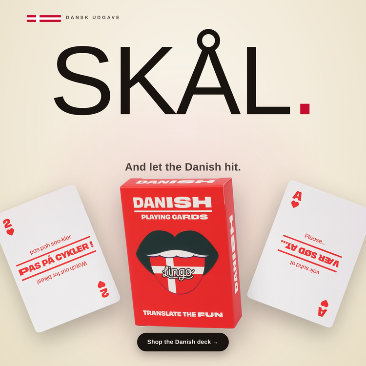 Danish Lingo Playing Cards – box with two example cards