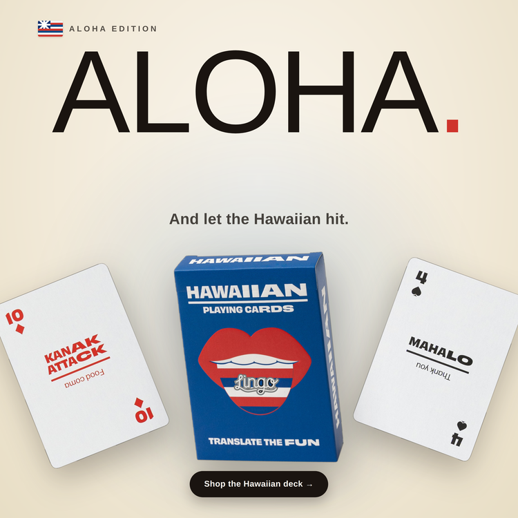 Hawaiian Lingo Playing Cards – box with two example cards