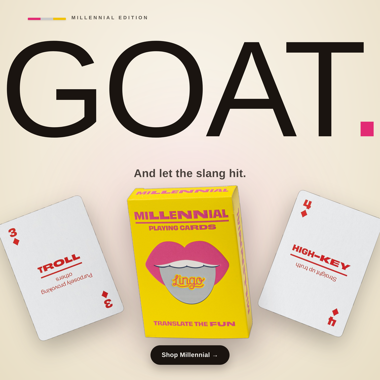 Millennial Lingo Playing Cards – box with two example cards