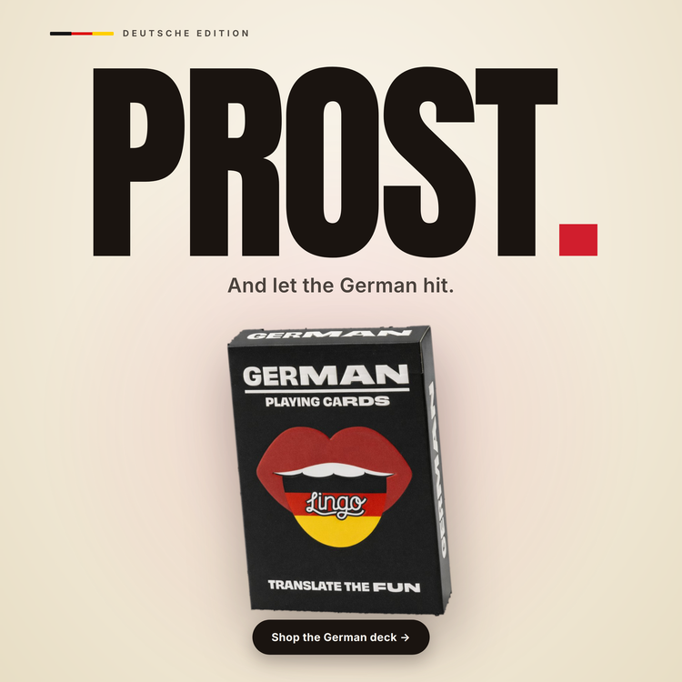 German Lingo Playing Cards – box with two example cards