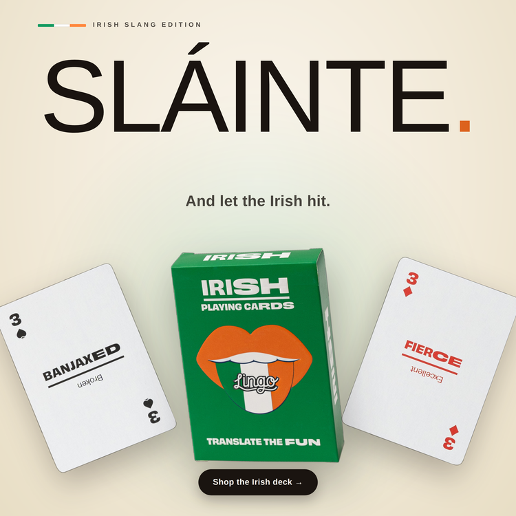 Irish Lingo Playing Cards – box with two example cards
