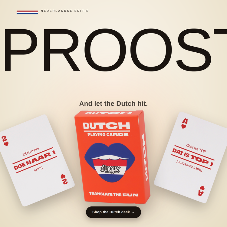 Dutch Lingo Playing Cards – box with two example cards