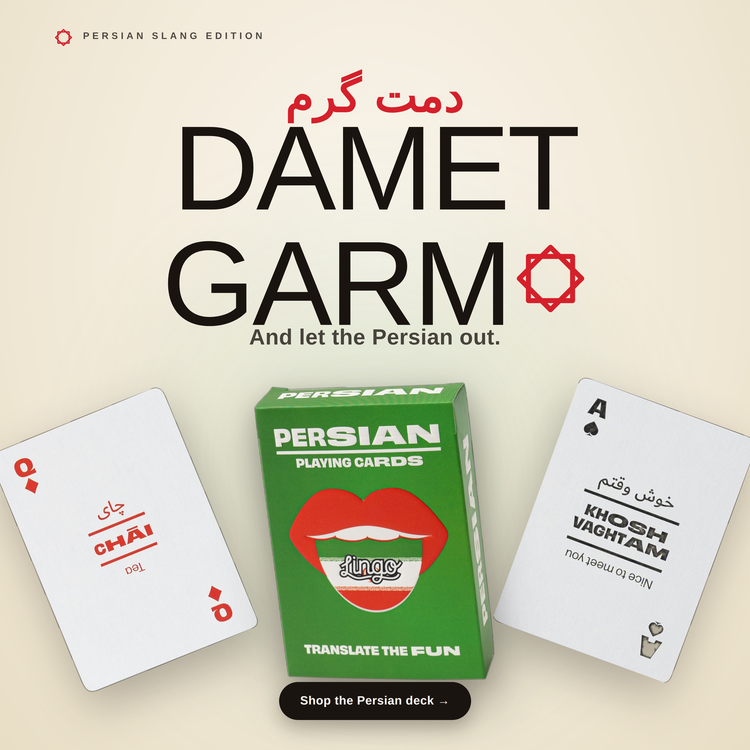 Persian Lingo Playing Cards – box with two example cards