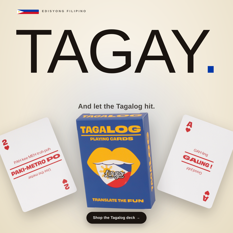 Tagalog Lingo Playing Cards – box with two example cards