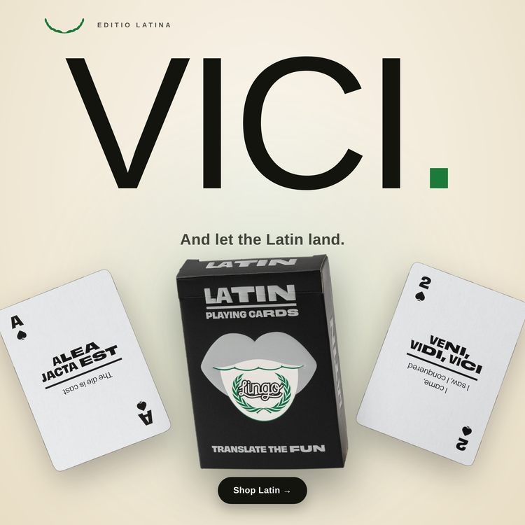 Latin Lingo Playing Cards – box with two example cards