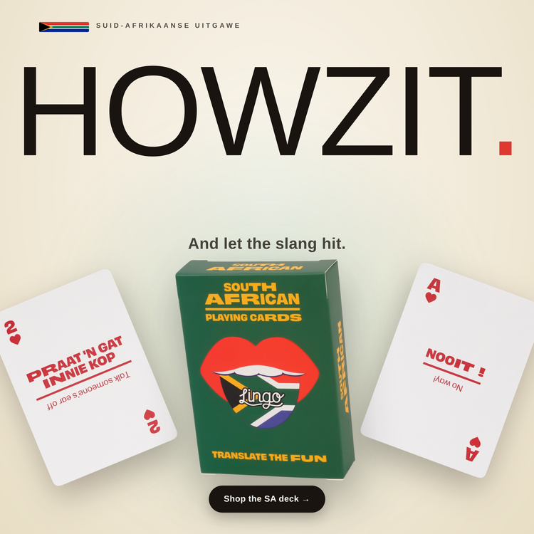 South African Lingo Playing Cards – box with two example cards