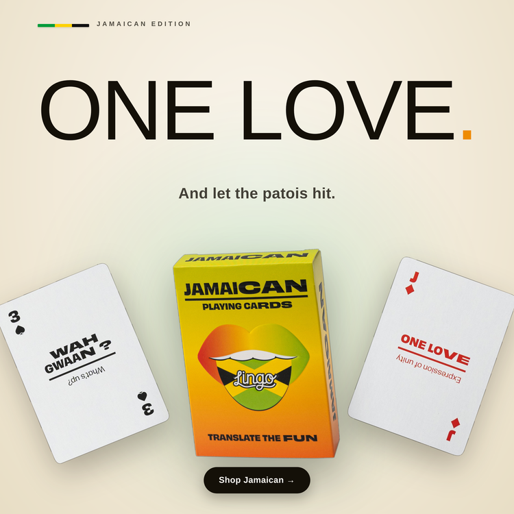 Jamaican Lingo Playing Cards – box with two example cards