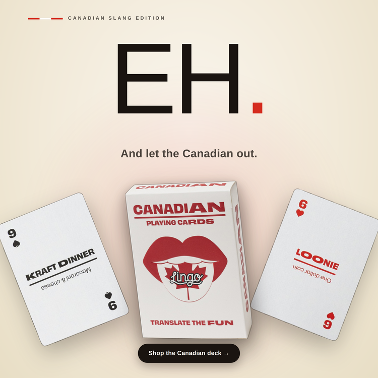 Canadian Lingo Playing Cards – box with two example cards