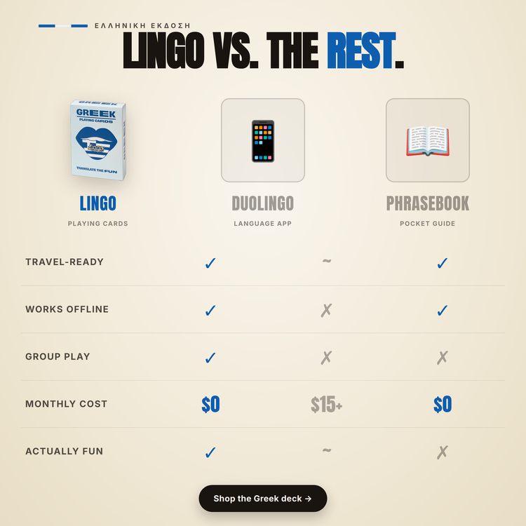 Greek Lingo Playing Cards – comparison chart: Lingo cards vs a language app vs a phrasebook
