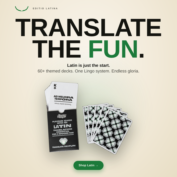 Latin Lingo Playing Cards – box with a fanned hand of cards