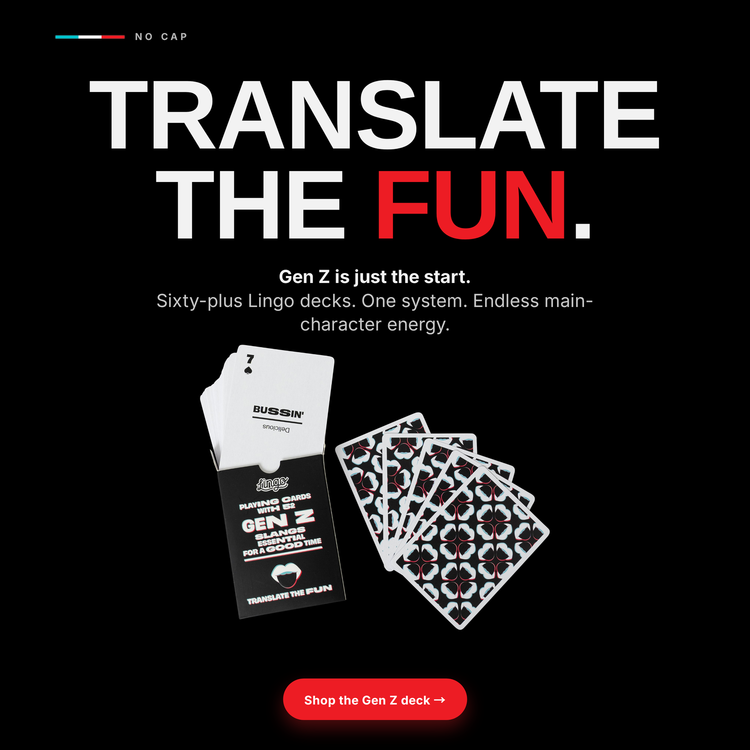 Gen Z Lingo Playing Cards – box with a fanned hand of cards