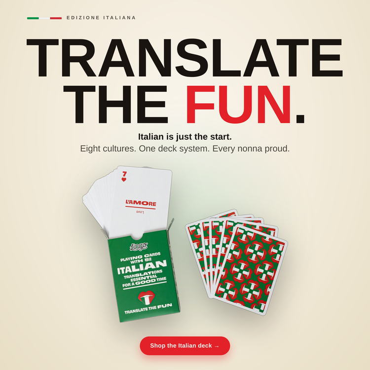 Italian Lingo Playing Cards – box with a fanned hand of cards