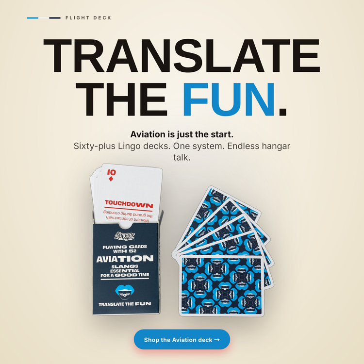 Aviation Lingo Playing Cards – box with a fanned hand of cards