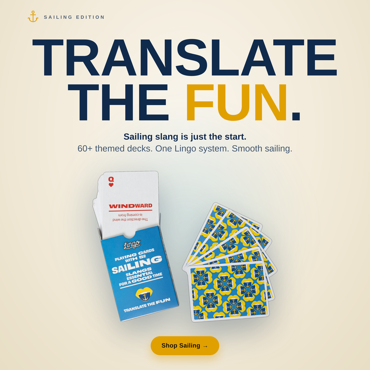 Sailing Lingo Playing Cards – box with a fanned hand of cards