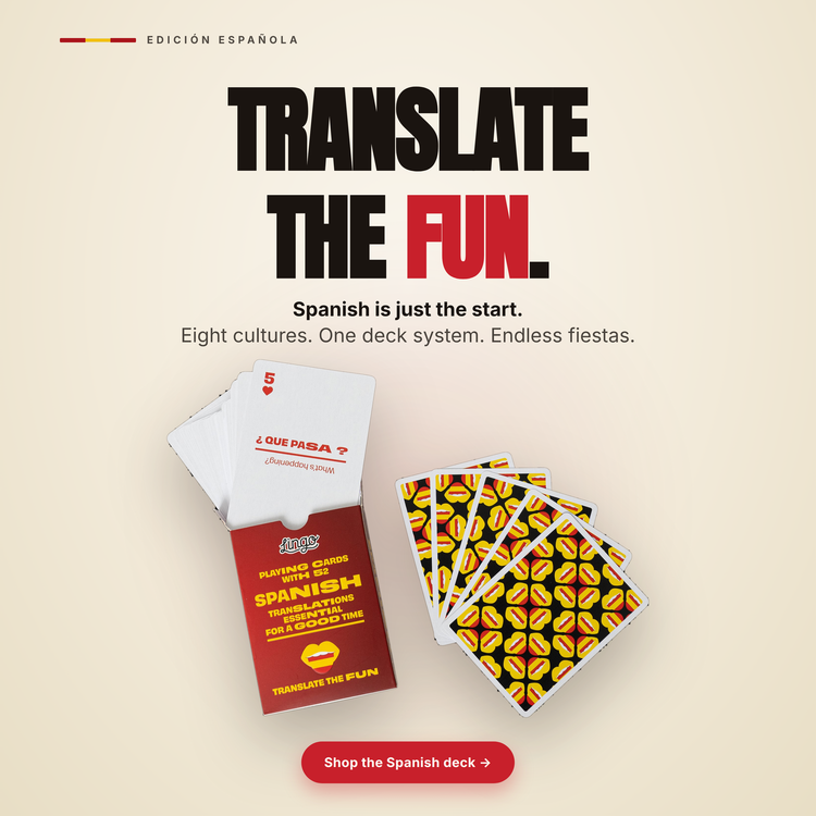 Spanish Lingo Playing Cards – box with a fanned hand of cards