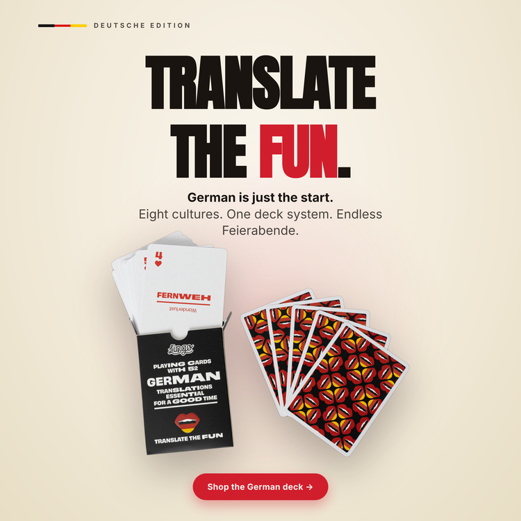 German Lingo Playing Cards – box with a fanned hand of cards