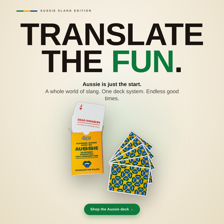 Aussie Lingo Playing Cards – box with a fanned hand of cards