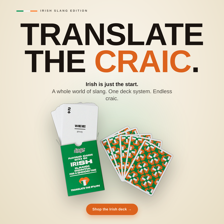 Irish Lingo Playing Cards – box with a fanned hand of cards
