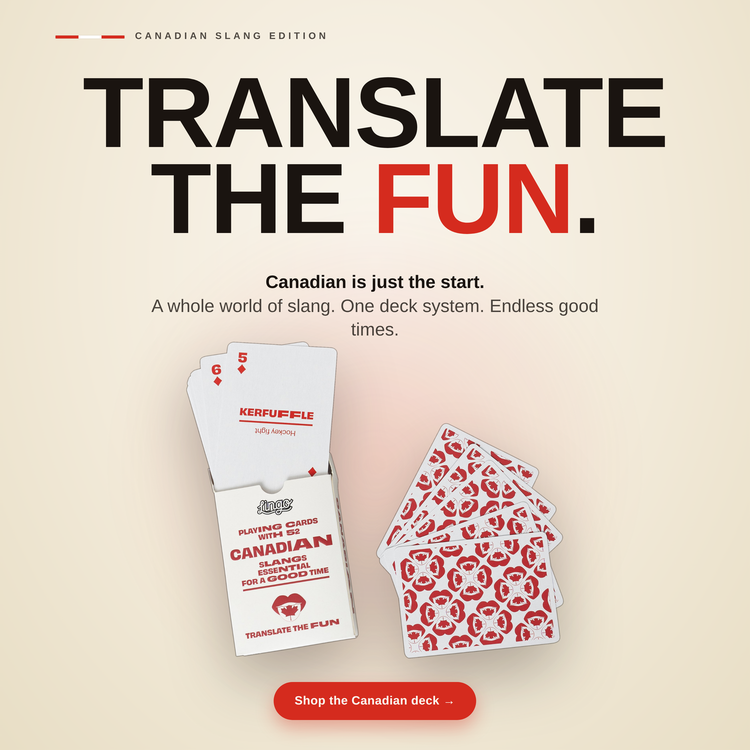 Canadian Lingo Playing Cards – box with a fanned hand of cards