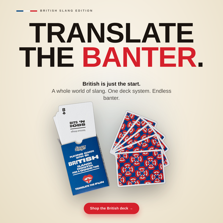 British Lingo Playing Cards – box with a fanned hand of cards