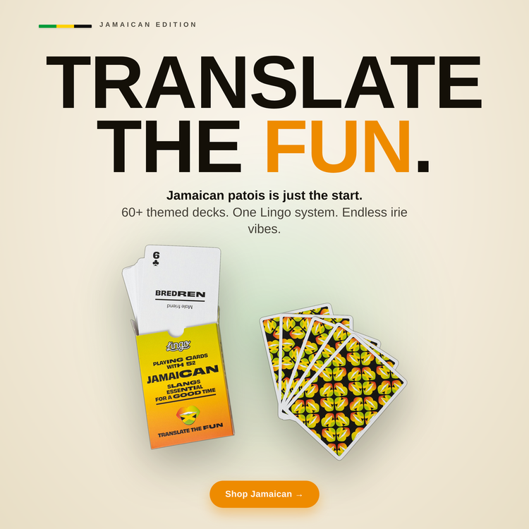 Jamaican Lingo Playing Cards – box with a fanned hand of cards