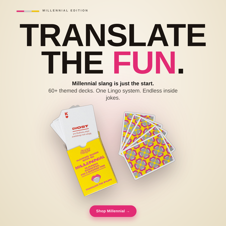 Millennial Lingo Playing Cards – box with a fanned hand of cards
