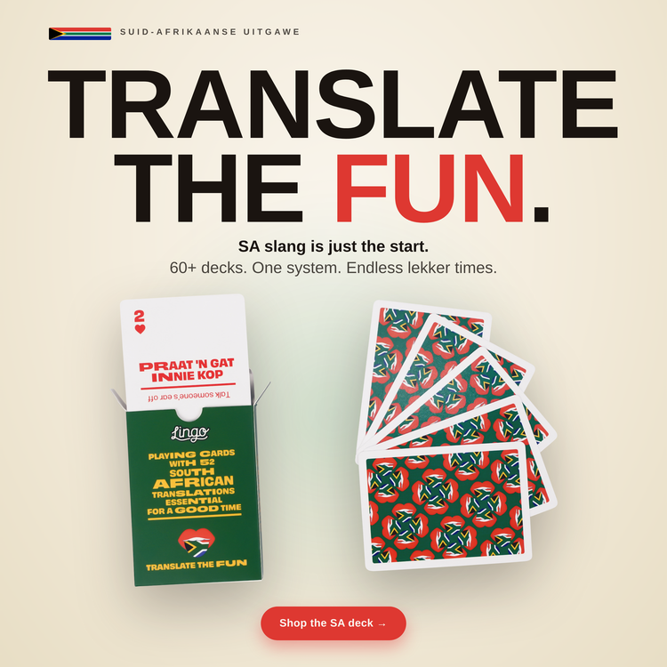 South African Lingo Playing Cards – box with a fanned hand of cards