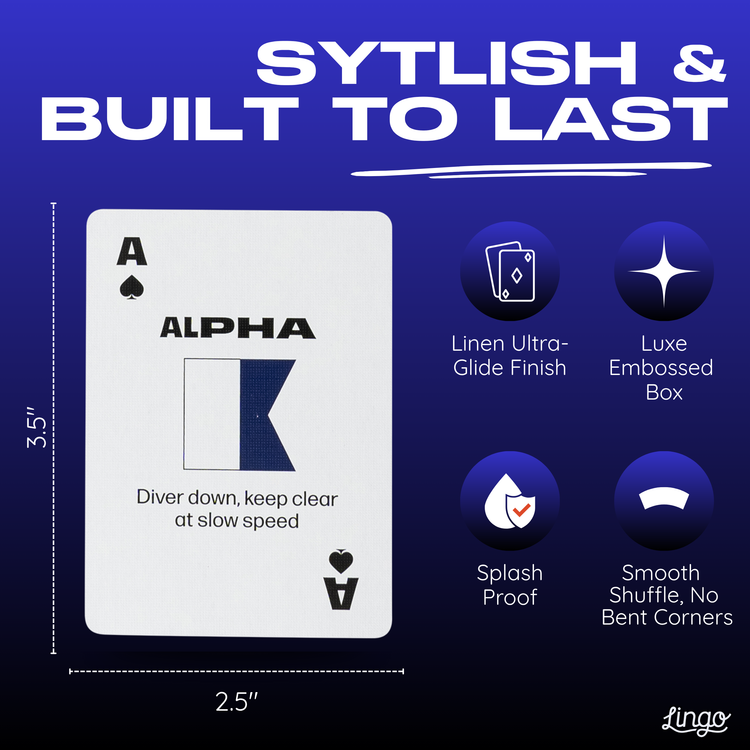 Nautical Lingo Playing Cards – card size and features: linen finish, embossed box