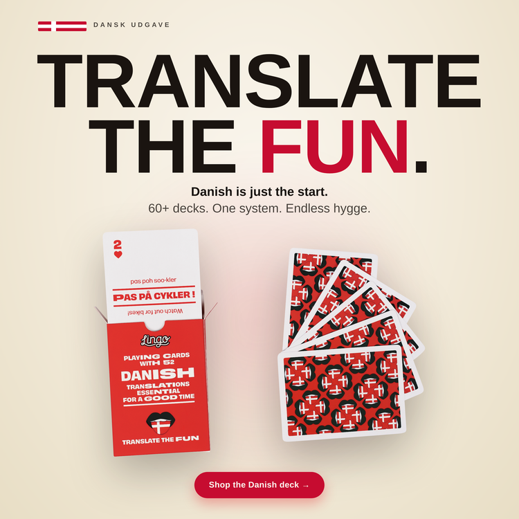 Danish Lingo Playing Cards – box with a fanned hand of cards