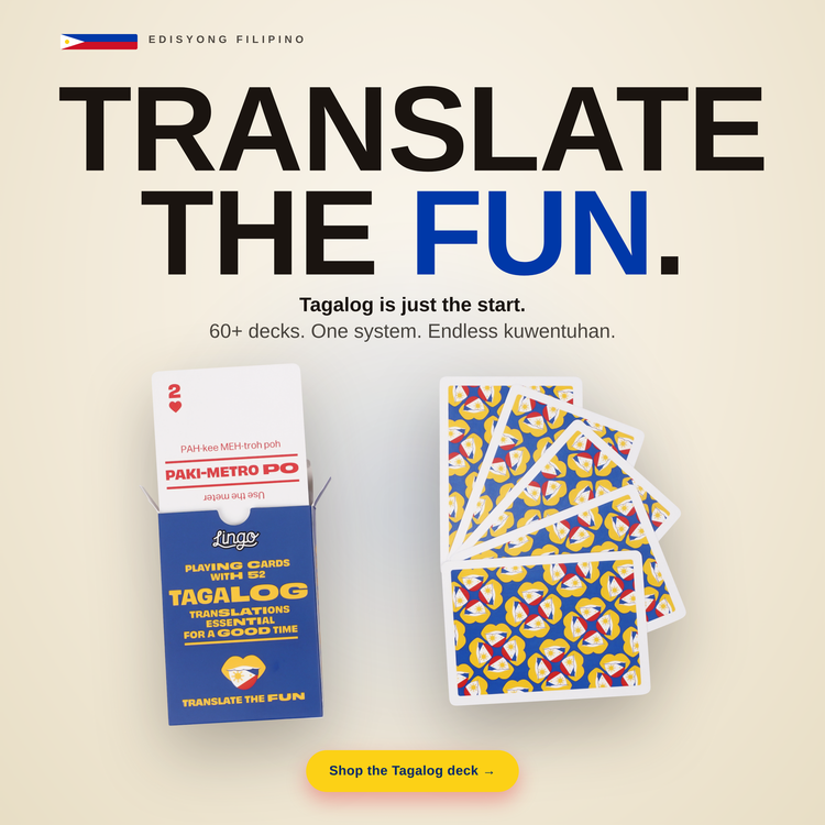 Tagalog Lingo Playing Cards – box with a fanned hand of cards
