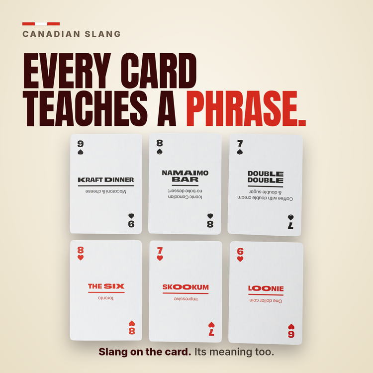 Lingo Canadian playing cards - Every card teaches a phrase.