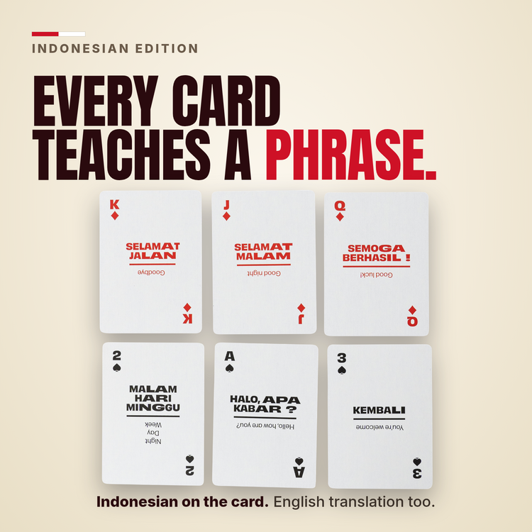 Lingo Indonesian playing cards - Every card teaches a phrase.
