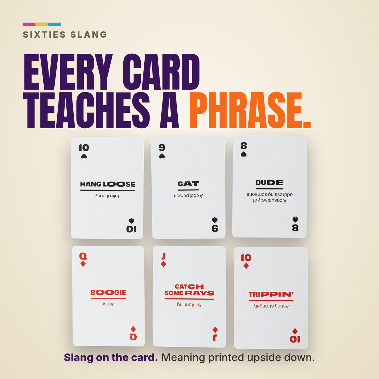 Lingo Sixties playing cards - Every card teaches a phrase.
