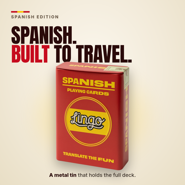 Lingo Spanish Travel Tin playing cards - Spanish. Built to travel.
