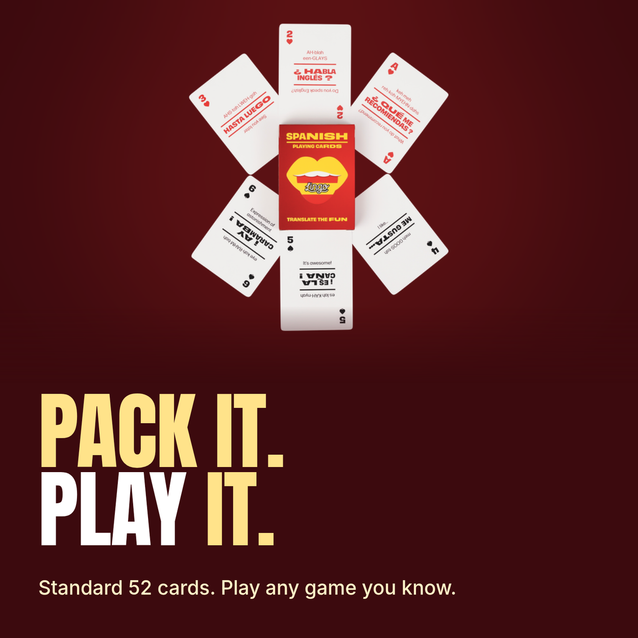 Lingo Spanish Travel Tin playing cards - Pack it. Play it.